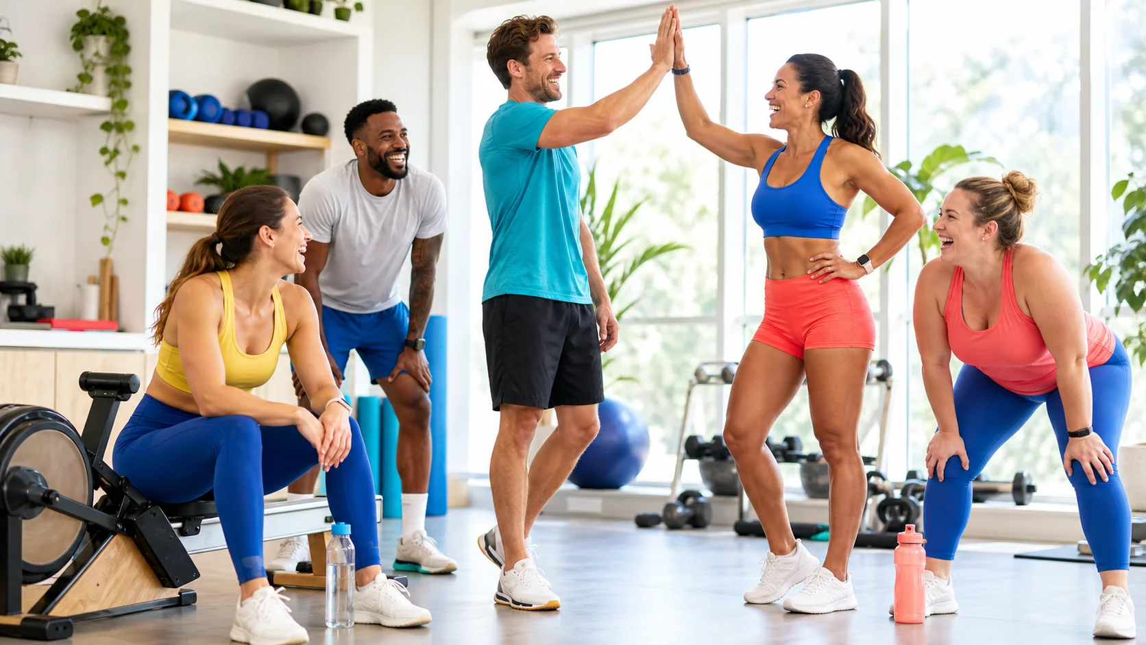 Colorfully dressed adult friends wearing fitness trackers and celebrating after a bright group workout