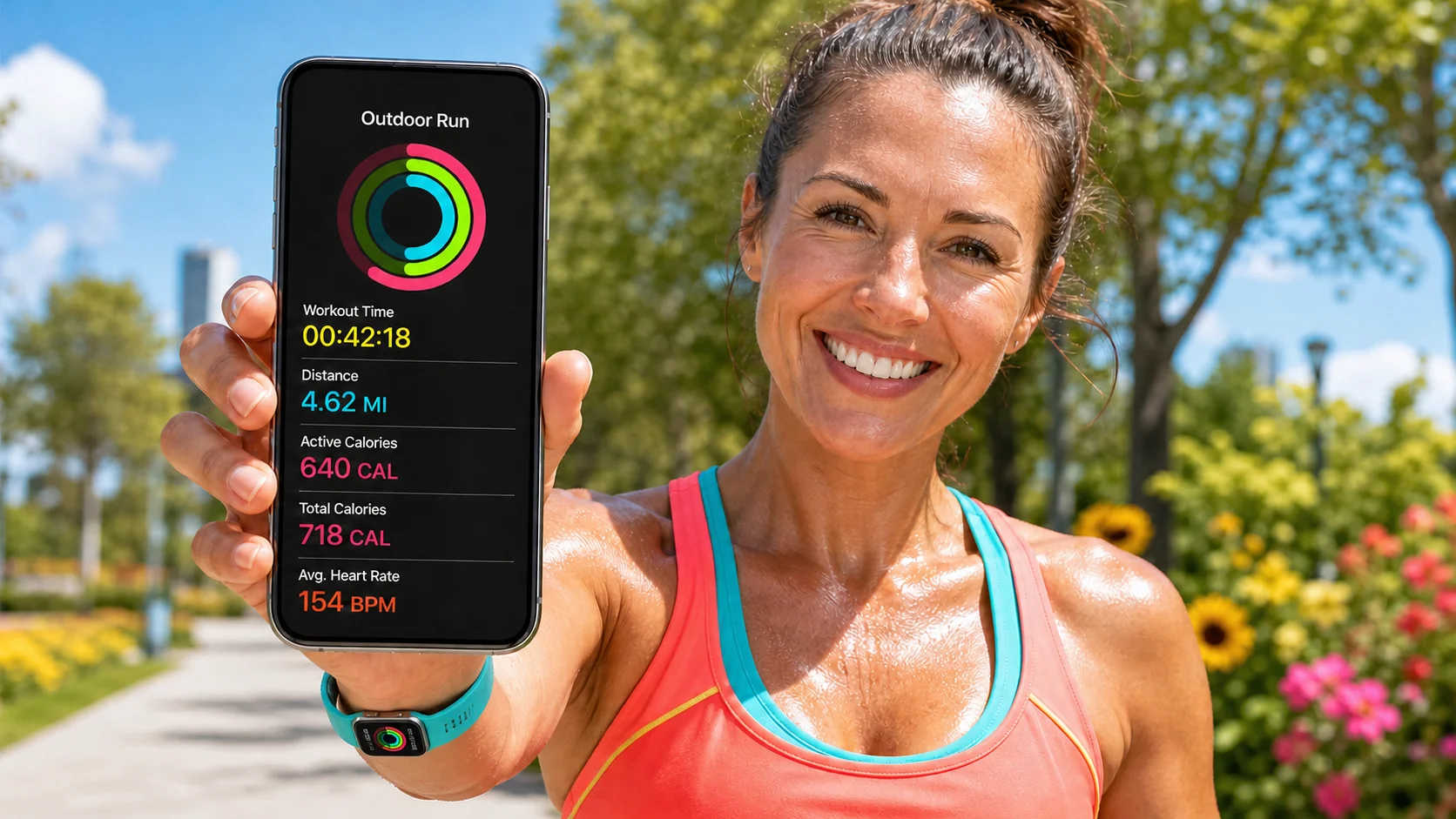 Very fit adult runner wearing a smartwatch and showing a completed smartphone workout summary with time, distance, and calories