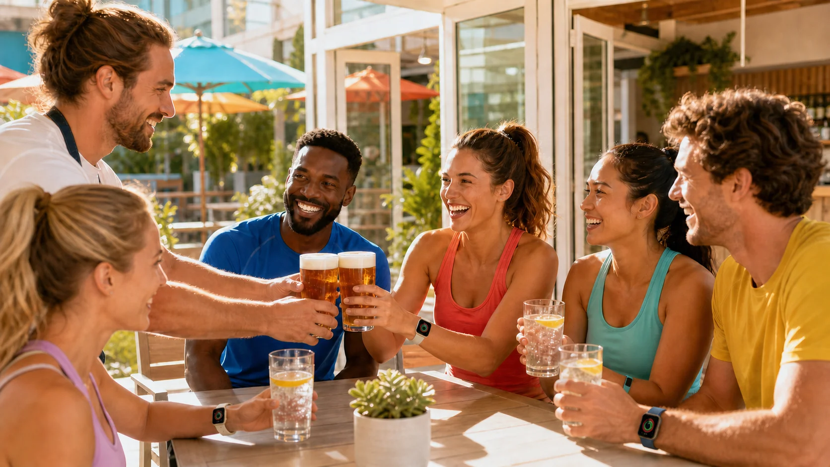 Adult friends wearing fitness trackers celebrate responsibly on a bright brewery patio with two beers and sparkling water